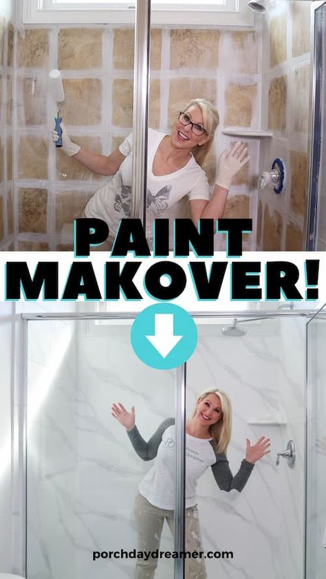 The best paint to use for painting shower tiles. How to paint a shower in 5 easy steps so it's peel proof! Paint Tile Shower Wall, Painting Bathroom Shower Tile, Painted Shower Tile Ideas, Paint Over Bathroom Tile, Painted Bathroom Shower Tile, Shower Tile Update Diy, Bathroom Painted Tile, Paint For Shower Walls, How To Paint Shower Tiles