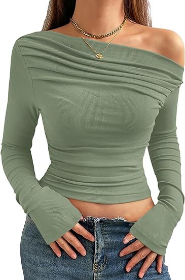 Women Sexy Off Shoulder Top Slim Fit Long Sleeve Going Out Asymmetrical Crop Top Y2K Tight Ruched T Shirts Off Shoulder Tops Outfit, Off Shoulder Shirts, Crop Tops Outfits, Asymmetrical Crop Top, Crop Top Y2k, Bodycon Outfits, Off Shoulder Shirt, Classy Work Outfits, Classy Casual Outfits