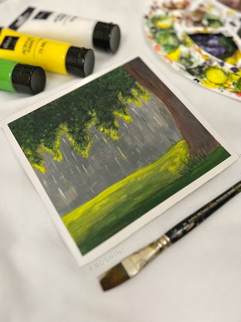 . #landscape #acrylicpainting #green #scenery #painting #artist #art #dailyart #naturepainting #💚 #raining #rainyday #rainpainting Raining Landscape Painting, Rain Scenery Painting, Rainy Landscape Paintings, Green Scenery Painting, Scenery Painting, Green Scenery, Watercolor Art Diy, Rain Painting, Scenery Paintings