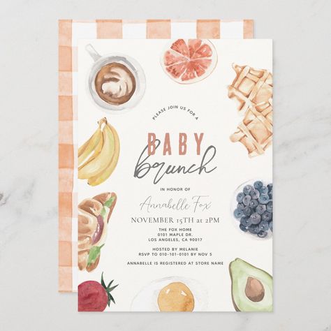 Waffles Coffee Fruits Watercolor Baby Brunch Invitation Baby Brunch Invitation, Fruits Watercolor, Brunch Foods, Baby Brunch, Bridal Brunch Invitations, Baby Shower Brunch, Simple Baby Shower, Brunch Invitations