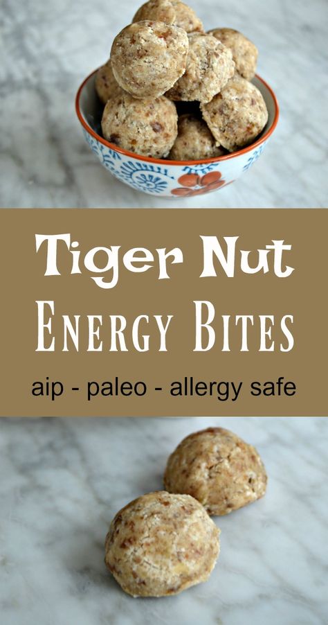 Tiger Nut Energy Bites (AIP, Paleo) - Gutsy By Nature Tigernut Recipes, Aip Lunch, Energy Cookies, Aip Cookies, Aip Snacks, Aip Diet Recipes, Energy Bite, Aip Snack, Tiger Nut