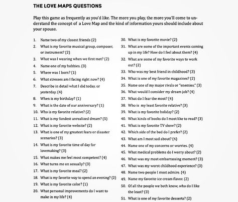 Gottman Love Map Questions, Gottman Love Maps, Gottman Worksheets Love Map, Love Maps Gottman, Love Mapping, Couple Therapy Questions, Love Map Questions, Couples Therapy Questions, Relationship Evaluation