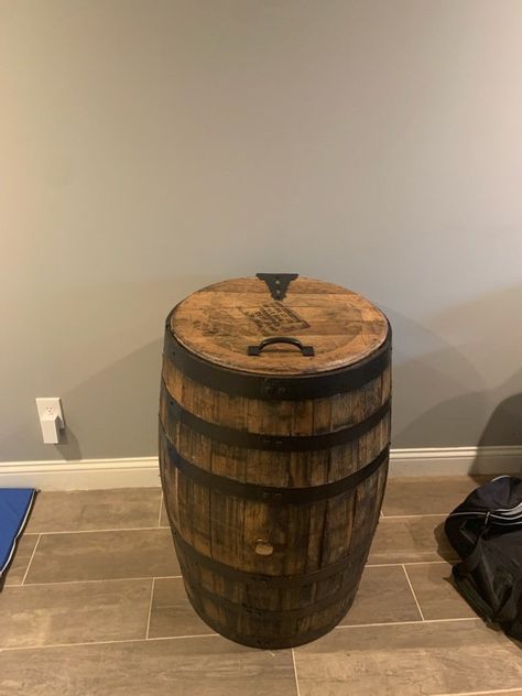 Authentic Bourbon Barrel converted to trash can cover with or without metal liner inside Wine Barrel Sink Bathroom, Barrel Trash Can, Trash Can Cover, Wooden Storage Bins, Barrel Storage, Barrel Sink, Trash Can Covers, Beer Barrel, Whisky Barrel