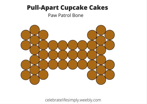 Dog Bone Pull-Apart Cupcake Cake Template | Over 200 Cupcake Cake Templates perfect for all your party needs! Dog Bone Cupcakes, Paw Print Cupcake Cake, Dog Bone Cupcake Cake, Puppy Cupcake Cakes Pull Apart, Paw Patrol Pull Apart Cake, Dog Bone Shaped Cake, Dog Bone Cake Design, Diy Paw Patrol Cupcakes, Paw Patrol Pull Apart Cupcakes