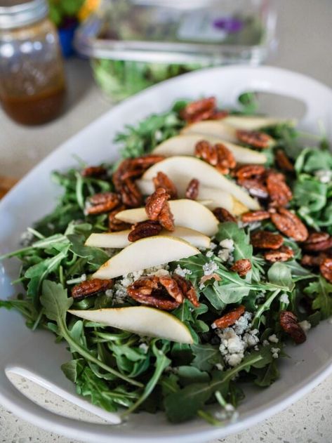 Simple Fall Pear Salad - The House of Hood Blog Simple Balsamic Vinaigrette, Candied Pecans For Salad, Pear Salad Recipes, The Perfect Salad, Perfect Salad, Sliced Pears, Wedge Salad, Easy Autumn Recipes, Spiced Pecans