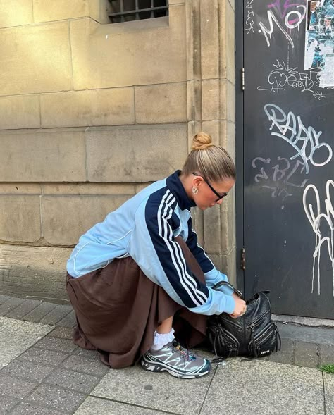 Navy Blue Jacket Outfit, Blue Skirt Outfits, Trainers Outfit, Beautiful Features, Midi Skirt Outfit, Streetwear Fits, The Scout, London Outfit, Scandinavian Fashion