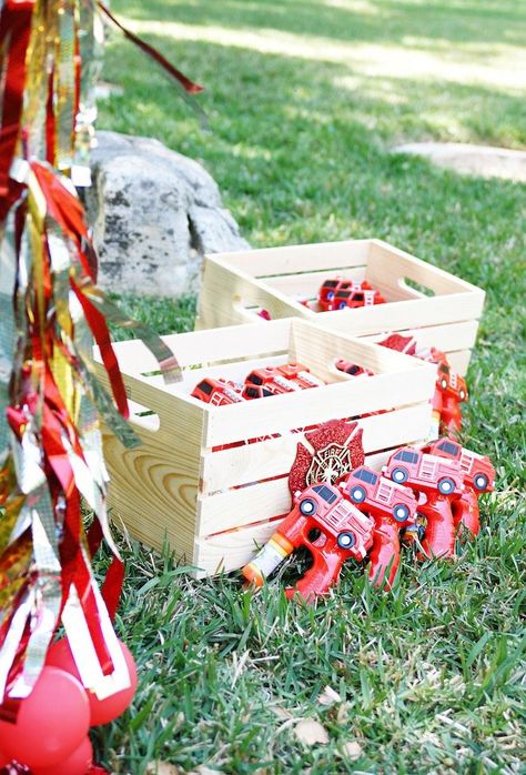 Firetruck Birthday Party Activities, Fireman Birthday Party Games, Firefighter Party Favors, First Responder Birthday Party, Fire Truck Birthday Party Ideas, Fireman Birthday Party, Firefighter Birthday Party, Ribbon Chair, Truck Party Favors