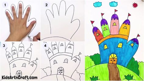 Handprint Castle easy Drawing for kids Check more at https://www.kidsartncraft.com/handprint-castle-drawing-tutorial/ Handprint Castle, Castle Drawing, Easy Drawings For Kids, Handprint Art, Easy Drawing, Art Lesson, Hand Print, Drawing For Kids, Drawing Tutorial