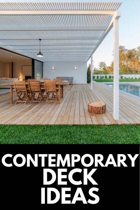 If you're a fan of the contemporary home style, then you're going to LOVE these Contemporary Deck Ideas! Read more at OwnTheYard.com! Contemporary Deck Ideas, Backyard Decks, Contemporary Deck, Modern Deck, Backyard Pool Landscaping, Decks Backyard, Deck Ideas, Deck Design, Home Style