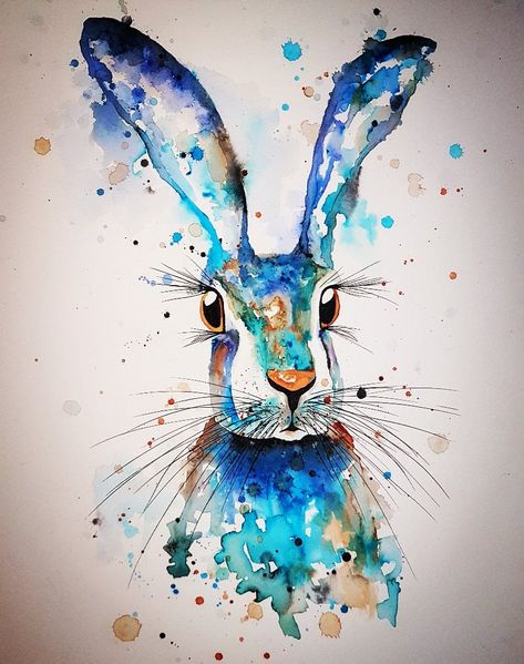 Colourful bright blue turquoise Hare watercolour splash print A4 Hare Watercolour, Watercolour Splash, Hare Painting, Watercolor Pencil Art, Learn Watercolor Painting, Bunny Painting, Rabbit Painting, Learn Watercolor, Diy Watercolor Painting