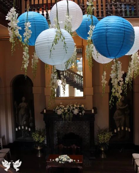 Blue And White Paper Lanterns, 18th Birthday Party Colour Theme, Blue And White Aesthetic Party, Mama Mia Themed Pool Party, Greece Party Decorations, Blue 13th Birthday Party Ideas, Blue And White Themed Party, Mama Mia Prom Theme, Greece Birthday Theme