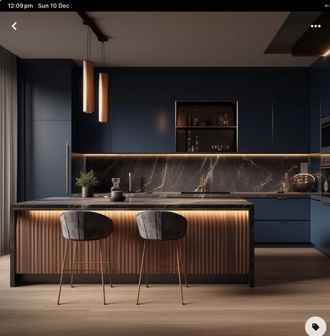 Black Marble Kitchen Ideas, Kitchen With Wood Accents, Bold Backsplash, Blue Kitchen Interior, Kitchen Quartz, Dark Blue Kitchens, Blue Kitchen Designs, Island Farmhouse, Navy Blue Kitchen