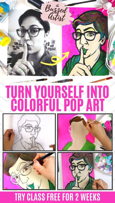 Pop Art Diy Ideas, How To Draw Pop Art, How To Draw Pop Art Step By Step, Pop Art Art Lesson, Pop Art Drawings Ideas Easy, How To Make Pop Art Portraits, Pop Art Painting Ideas Simple, Pop Art Activities, Pop Art Lessons For Elementary