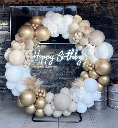 Happy Birthday moongate balloon decor neon sign nude and gold with pampas grass custom organic event backdrop with gold. 30th birthday inspiration. events ireland. Gold 30th Birthday, Moon Gate, Birthday Inspiration, Balloon Ideas, Event Backdrop, Balloon Backdrop, Balloon Decor, Ladies Night, Birthday Decoration