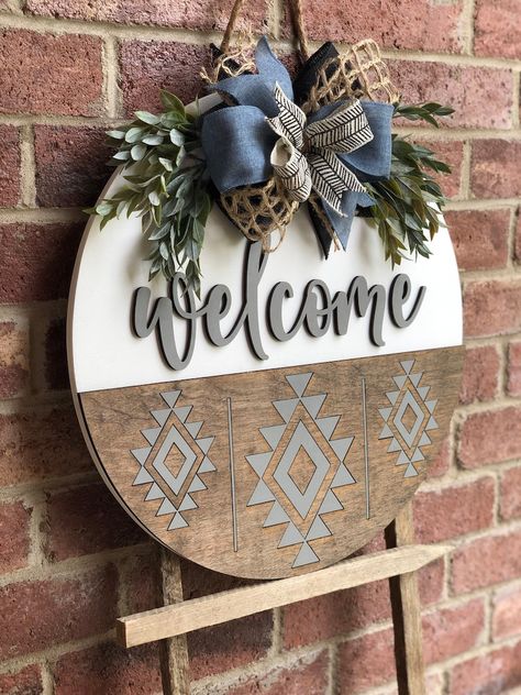 Diy Aztec Boho Decor, Aztec Welcome Sign, Farmhouse Welcome Sign Front Porches, Aztec Wood Sign, Yellowstone Door Hanger, Boho Welcome Sign Front Door, Everyday Door Hangers, Aztec Door Hanger, Rustic Door Hanger