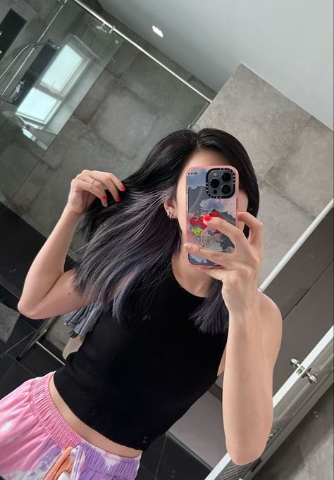 Ash Grey Peekaboo Hair, Purple Faded Hair, Black Hair With Small Highlights, Purple Ash Hair Color, Ash Gray Hair Color Short Hair, Hidden Light Hair, Under Lights Hair, Ash Purple Hair, Hair Peg