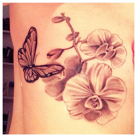 My OWN orchid and butterfly tattoo Orchid Butterfly Tattoo, Orchid Tattoos, About Butterfly, Butterfly Orchid, Orchid Tattoo, Butterfly Tattoo, Tattoos And Piercings, Sleeve Tattoos, Cool Tattoos