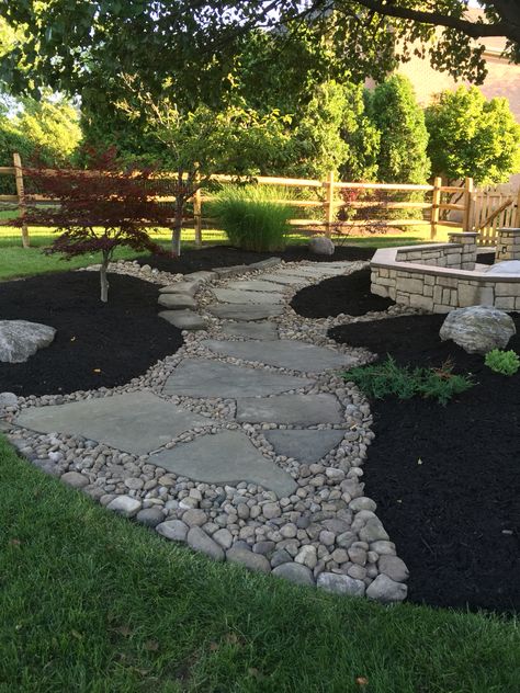 Rockscaping Landscaping Ideas, Rock Patio Front Yard, Mulch Stone Landscaping, Low Maintenance Walkway, Mulch And Rock Backyard Ideas, Mulch And Rocks Landscaping Ideas, Backyard Bark Landscaping Ideas, Stacked Stone Landscaping, River Rock And Mulch Landscaping Bed Designs