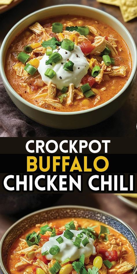 Crockpot Buffalo Chicken Chili Ingredients: 2 (15-ounce) cans beans, drained and rinsed (black beans or kidney beans work well) 2 (14.5-ounce) cans diced tomatoes with garlic 1 onion, diced 1 bell pepper, diced 1/2 cup hot sauce 2 teaspoons chili powder 1 teaspoon garlic powder 1 pound boneless, skinless chicken breasts 1 (8-ounce) package cream cheese, softened 1 cup plain Greek yogurt 1 (1-ounce) packet ranch dressing mix Chopped scallions Tortilla chips (for serving, optional) Award Winning Buffalo Chicken Chili, Buffalo Crockpot Recipes, Cheesy Chicken Chili Crockpot, Buffalo Chili Crockpot, Simple White Chicken Chili Crock Pot, Chili Recipe Crockpot Chicken, Slow Cooker Buffalo Chicken Chili, Boneless Chicken Breast Crockpot Recipes, Healthy Crockpot Meals Easy