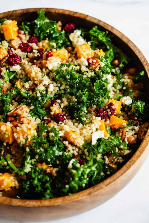 Butternut Squash Kale Salad Kale Salad Butternut Squash, Fall Salad Recipes Meal Prep, Kale Butternut Squash Recipes, Fall Salad Quinoa, Roasted Acorn Squash Salad, Cozy Fall Appetizers, Butternut Kale Salad, Fall Salad Spinach, Butternut Squash And Kale Soup