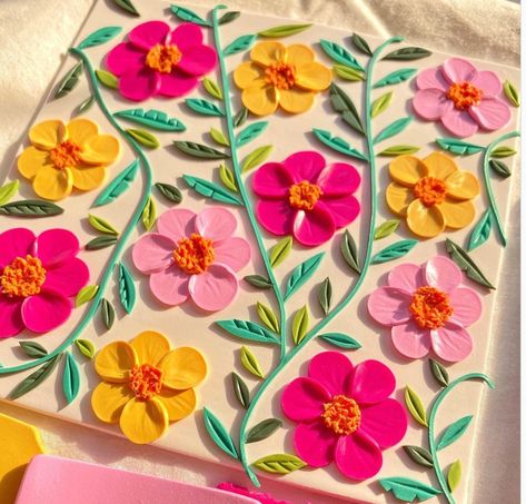 Clay Art For Wall Decor, Clay Border Design, Lippan Art Flower Design, Polymer Clay On Canvas, Flower Clay Art, Clay Art Ideas, Lipan Art, Painted Mirror Art, Clay Painting