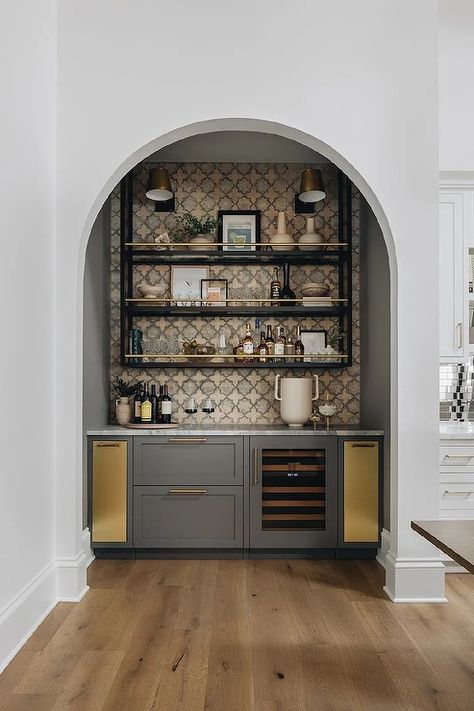 Gray Wet Bar Cabinets with Gold Cabinet Doors - Transitional - Kitchen Spanish Style Wet Bar, Bar Alcove, Built In Bars, Built In Living Room, Wet Bar Cabinets, Bar Nook, Cabinet Door Designs, Bar Shelves, Bar Cabinets