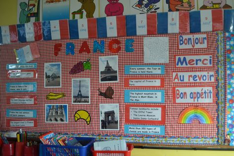 Geography, France, Bonjour, Merci, Bon Appetit, Paris, Eiffel Tower, Display, Classroom Display, Early Years (EYFS), KS1 & KS2 Primary Teaching Resources France For Kids, French Classroom Decor, Teaching French Immersion, Classroom Display Boards, French Display, School Organisation, French Crafts, Eyfs Classroom, Teaching Resources Primary