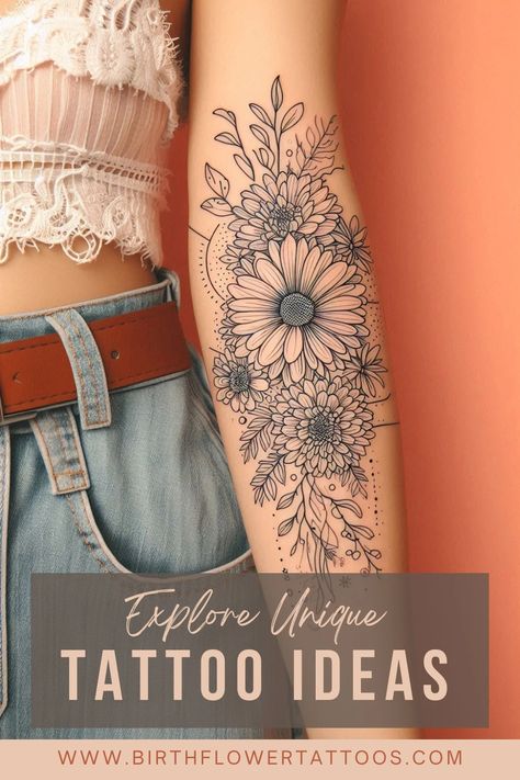 🌸✨Daisy & Chrysanthemum Flower Tattoo: April & November Birth Flower Design✨🌹 Aster Daisy Tattoo, Chrysanthemum Daisy Daffodil Tattoo, Chrysanthemum Daisy Tattoo, Daisy Flower Tattoo Designs, Gerber Daisy Tattoo, Gerbera Daisy Tattoo, April Birth Flower Tattoo, Aster Tattoo, Chrysanthemum Flower Tattoo