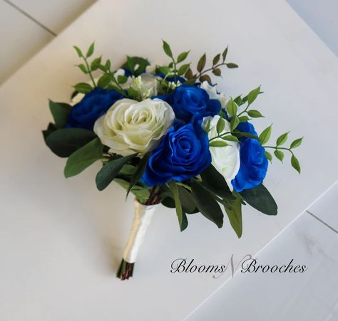 Royal Blue and Ivory Bouquet Wedding Bouquet Bridal Bouquet - Etsy Royal Blue And White Wedding Flowers, Simple Blue Wedding Bouquet, Royal Blue Flowers Bouquet, Royal Blue Hoco Flowers, Royal Blue Prom Bouquet Ideas, Blue Homecoming Flowers, Royal Blue Flower Bouquet Prom, Flowers For Royal Blue Dress, Royal Blue Prom Flowers Bouquets