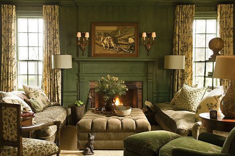 The library at Totier Creek Farm, a Virginia farmhouse built in 1760. Walls are glazed in Calke Green by Farrow & Ball. Sofas upholstered in gold and cream figured velvet. Lounge chair and ottoman covered in an overscaled Federal green chenille damask by Watts of Westminster. Linen curtains from Raoul Textiles.  Photo by Edward Addeo, from Barry Dixon Interiors. Farrow And Ball Living Room, Country Living Room Design, Green Painted Walls, English Country Decor, Casa Exterior, Country Living Room, Living Room Green, Green Rooms, Colonial Style