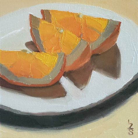 Contemporary impressionist still life oil painting of orange slices on a white plate and an orange background. Great home decor for kitchens, living rooms and guest rooms. Happy summer themed gift for Mother's Day, anniversaries or housewarming. Plate Acrylic Painting, Painting Of An Orange, Cute Still Life, Oranges Painting, Fruit Oil Painting, Impressionist Still Life, Painting Food, Honey Photography, Colorful Food