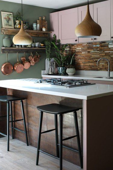 Green Wood Kitchen, Kitchen Refurbishment, Wattle And Daub, Earthy Colours, Edwardian House, Pink Olive, Pink Kitchen, Green Wood, Kitchen Diner