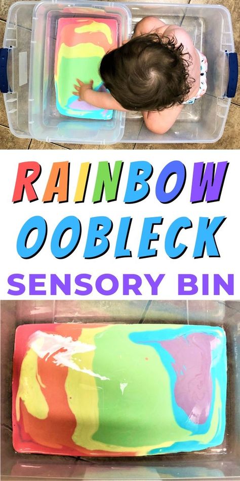 Rainbow Oobleck: A Colourful Sensory Activity - The Play Based Mom Rainbow Oobleck, Magic Mud, Toddler Sensory Bins, School Age Activities, Rainbow Activities, Sensory Crafts, Sensory Activities Toddlers, Sensory Art, Sensory Activity