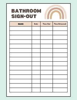 Printable bathroom log for easy sign-in/sign-out Bathroom Sign Out, Rainbow Bathroom, Sign Out, Bathroom Printables, Elementary Classroom Decor, 3rd Grade Classroom, Log, Bathroom Signs, Boho Rainbow