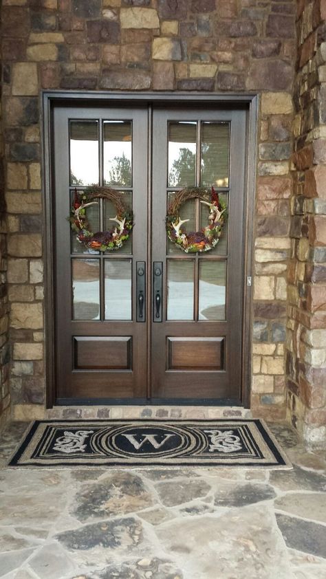 Bourbon Closet, Rustic Farmhouse Front Door, Fromt Doors, French Doors With Screens, Glass Entrance Doors, Rustic Front Porch, Double Front Entry Doors, Double Door Entryway, Exterior Door Designs