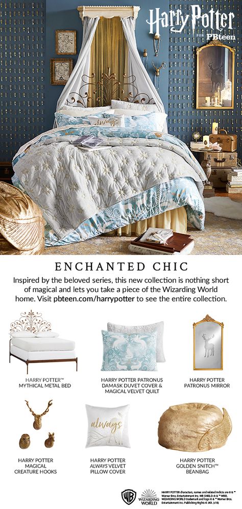 Create your own magical space with our favorite pieces from our latest Harry Potter Collection. Luxurious fabrics, dreamy designs and a patronus or two will make your room truly spellbinding. Harry Potter Bedroom Theme, Boho Harry Potter Bedroom, Classy Harry Potter Bedroom, Night Court Aesthetic Room, Girly Harry Potter Room, Subtle Harry Potter Bedroom, Harry Potter Room Design, Harry Potter Girls Room, Girls Harry Potter Bedroom