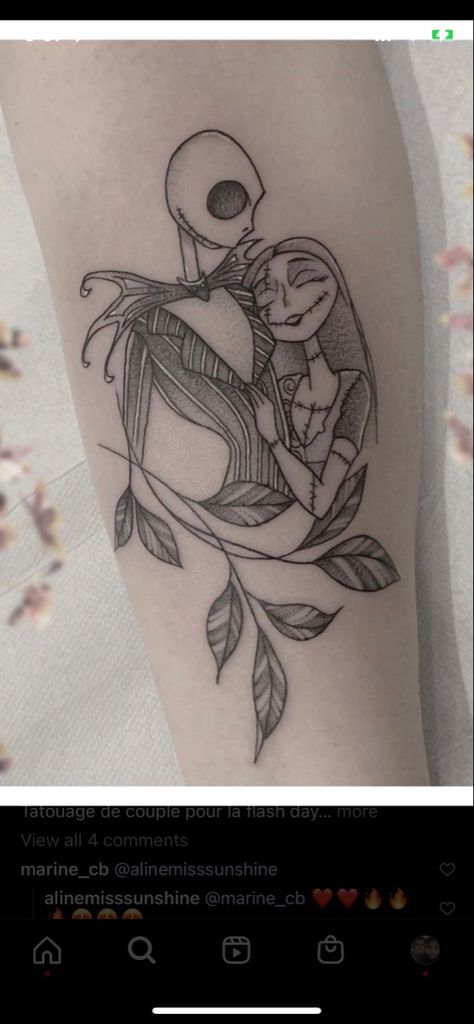 Nightmare Before Christmas Tattoo Jack And Sally, Tattoo Ideas Relationships, Small Couple Tattoo Ideas, Sally Nightmare Before Christmas Tattoo, Nbc Tattoo, Small Nightmare Before Christmas Tattoo, Jack And Sally Tattoos, The Nightmare Before Christmas Tattoo, Jack And Sally Tattoo