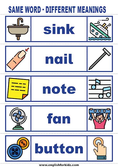 Printable English vocabulary cards for #EFL and #ESL students in elementary school and kindergarten Multiple Meaning Words Worksheet, Meaning Words, English Grammar For Kids, Three Letter Words, Multiple Meaning Words, Grammar For Kids, Esl Vocabulary, Teaching Vocabulary, Different Meaning