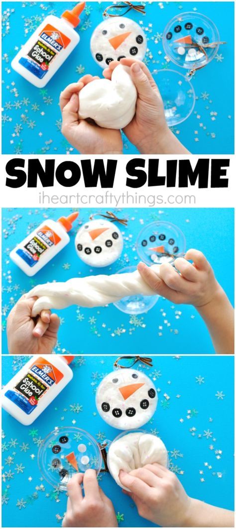 Simple glittery snow slime recipe to make for a fun winter activities for kids. Elmer's glue slime recipes, snowman activities for kids. Snowman Activities For Kids, Snow Slime Recipe, Fun Winter Activities For Kids, Snow Slime, Snowman Activities, Diy Schneemann, Glue Slime, Snowmen Activities, Snowman Crafts Diy