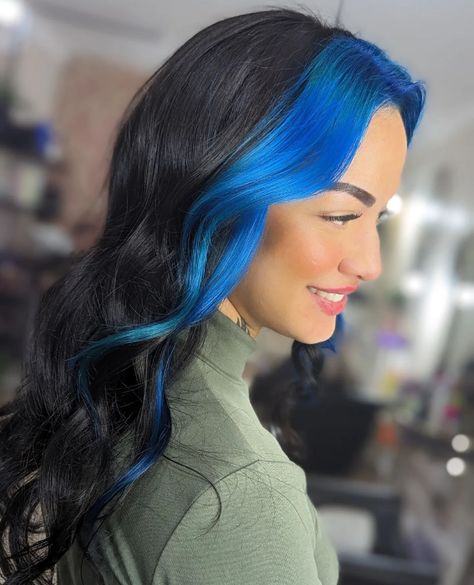 Electric Blue Money Piece Hair, Block Colour Hair, Panel Hair Color, Money Piece Hair Blue, Black Hair Blue Money Piece, Blue Color Block Hair, Under Hair Dye Blue, Blue Money Piece, Blue Halo Hair