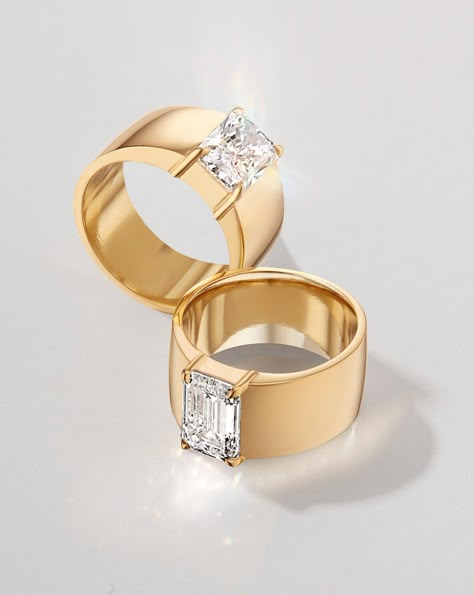 A daring ring designed for the RC woman who knows exactly what she wants. With a cigar band and chunkier, bold gold setting, this ring exudes Sharon Stone circa 1992 energy. The solitaire diamond is beautifully elevated in its profile, making The Keystone a minimalist but power-moves centerpiece of your jewelry box. Rings Designs For Women, Thick Band Engagement Ring, Wide Band Diamond Rings, Wide Band Engagement Ring, Thick Gold Band, Engagement Ring Gold, Power Moves, Bracelet Size Chart, Future Engagement Rings