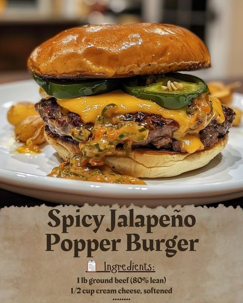 Easy Recipes By Crenn | Spicy Jalapeño Popper Burger | Facebook Spicy Hamburger Recipes, Jalapeno Cheeseburger, Gourmet Burgers Recipes, Burger Ingredients, Jalapeno Burger, Hot Sandwiches, Spicy Burger, Dish Ideas, Burger Toppings