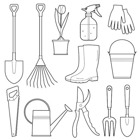 Vector set of outline illustration for t... | Premium Vector #Freepik #vector #farm #work #black #shovel Gardening Clipart Free, Gardening Gloves Drawing, Watering Can Illustration, Gloves Drawing, Farm Work, Garden Clipart, Garden Scissors, Garden Bags, Outline Illustration