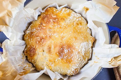 No Knead Large Dutch Oven Artisan Bread - This recipe is perfect for those of us who only own a 5-6 quart dutch oven. The bread rises tall, crispy and crazy good! Dutch Oven Artisan Bread, Bread In Dutch Oven, Dutch Oven No Knead Bread, Dutch Oven Bread Recipes, Oven Bread Recipes, Asparagus Prosciutto, Homemade Artisan Bread, Bread Wheat, Best Dutch Oven