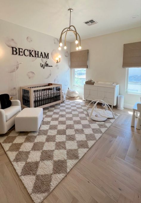 White Paneling Nursery, Brown Baby Boy Nursery, Nursery With Brown Walls, Black White And Tan Nursery, Cutest Nursery Ideas, Checkered Print Nursery, Tan And Black Nursery, Non Themed Nursery, Black Accent Nursery