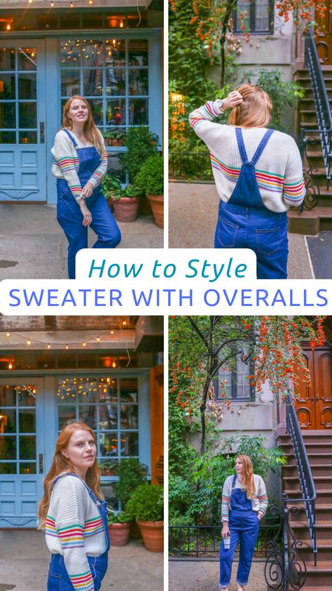 In this guide you’ll find all kinds of style tips and inspiration for your own sweater and overall outfits. From season to season, this wardrobe combo is an easy to wear and can be worn to all kinds of daytime and evening events. #overalls #ootd #fallfashion #overalls #sweaterweather Sweatshirt With Overalls, Sweater With Overalls Outfit, Overall Outfits Women, Sweater With Overalls, Overall Outfits, Preppy Fall Fashion, Overalls And Sweater, Winter Sweater Outfits, Overall Outfit