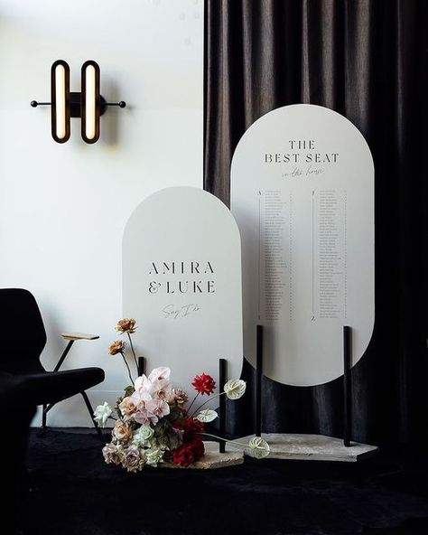 Jem&I Designs on Instagram: "The best seat in the house 🖤 Custom double stacked welcome sign, seating plan created with @the_eventurer for Amira and Luke - Design @jemandi_designs Styling and concept brief @the_eventurer Florals @ivyandeveflowers Image @smokey_oscar - #jemandi #bespoke #customstationery #customdesign #weddingstarionery #bespokewedding #customwedding #weddingdesign #weddingmenu #design #stationery #graphicdesign #weddingplacecard #weddingfavours #luxewedding #boldwedding #mod Wedding Seating Plan, Wedding Mirror, Wedding Kit, Seating Plan Wedding, Luxe Wedding, Seating Plan, Wedding Games, Modern Seating, Seating Chart Wedding