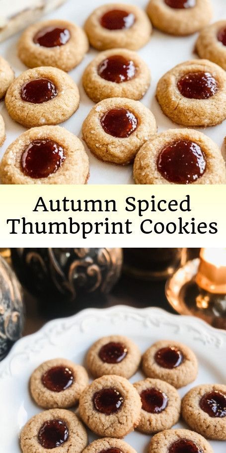 Cozy Autumn Thumbprint Cookies: A healthy and delicious treat perfect for the fall season. These spiced cookies are made with wholesome ingredients and filled with a flavorful jam center. Enjoy with a warm cup of tea for a delightful autumn snack! #HealthyBaking #FallTreats #SpicedCookies #JamFilledCookies #AutumnRecipes #CozyBaking Oatmeal Thumbprint Cookies Jam, Thanksgiving Thumbprint Cookies, Apple Butter Thumbprint Cookies, Fall Thumbprint Cookies, Pumpkin Thumbprint Cookies, Easy Fall Cookies Recipes, Autumn Biscuits, Healthy Autumn, Autumn Cookies