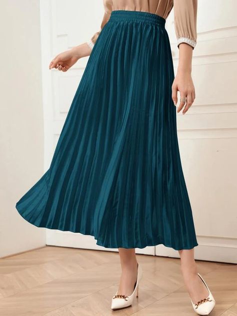 High Waist Shirred Pleated Skirt | SHEIN USA Teal Skirt Outfit, Teal Clothes, Teal Blue Dress, Teal Outfits, Teal Skirt, Blue Pleated Skirt, Women Bottoms, Pleated Long Skirt, Women Skirts