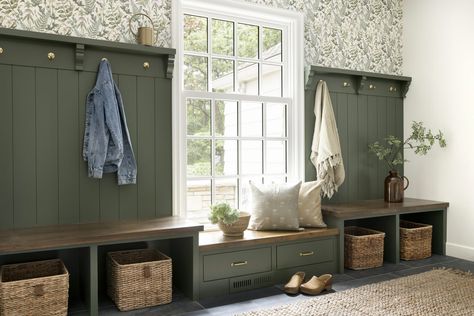 Lake Mudroom, Family Mudroom, Jkath Design, Mudroom Inspiration, Custom Mudroom, Dark Flooring, Benjamin Moore Wrought Iron, Whole House Renovation, Transitional Laundry Room